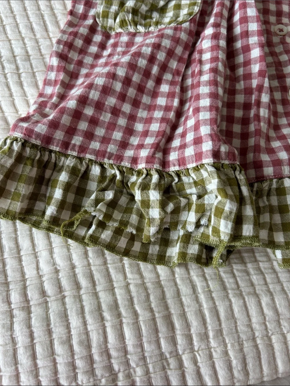 Pink Gingham Button-Front Kids Dress with Olive Accents
